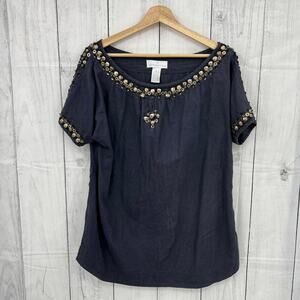 Soft Surroundings XL Blue Black Linen Blend Boho Beaded Tunic Blouse Top